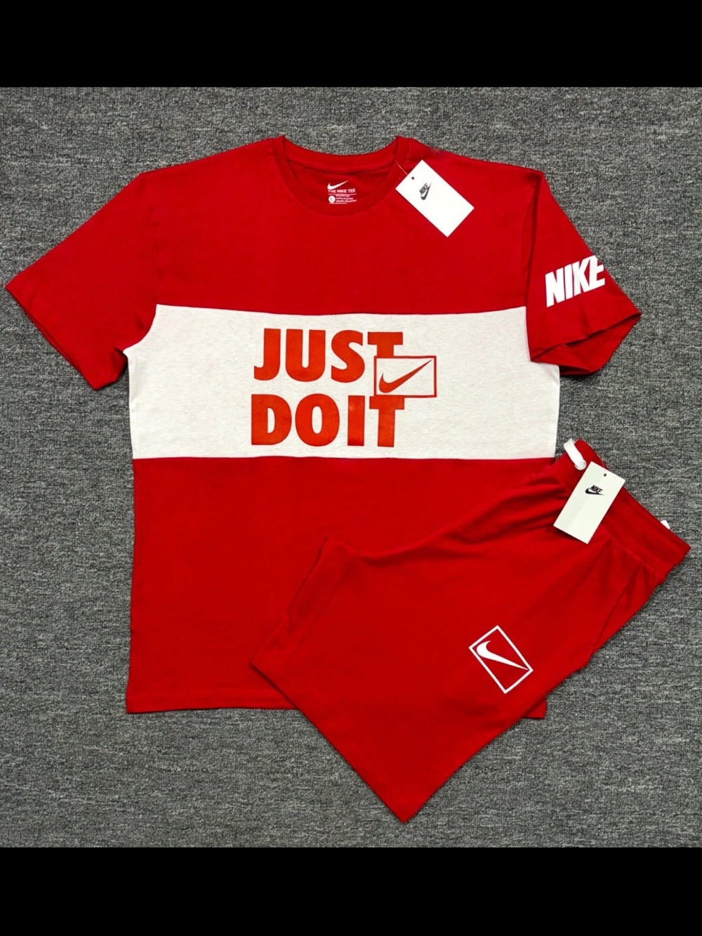 Nike Red and White 'Just Do It' Athletic Shorts Set